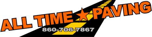 All Time Paving logo with orange and black text, star graphic, and phone number 860-706-7867
