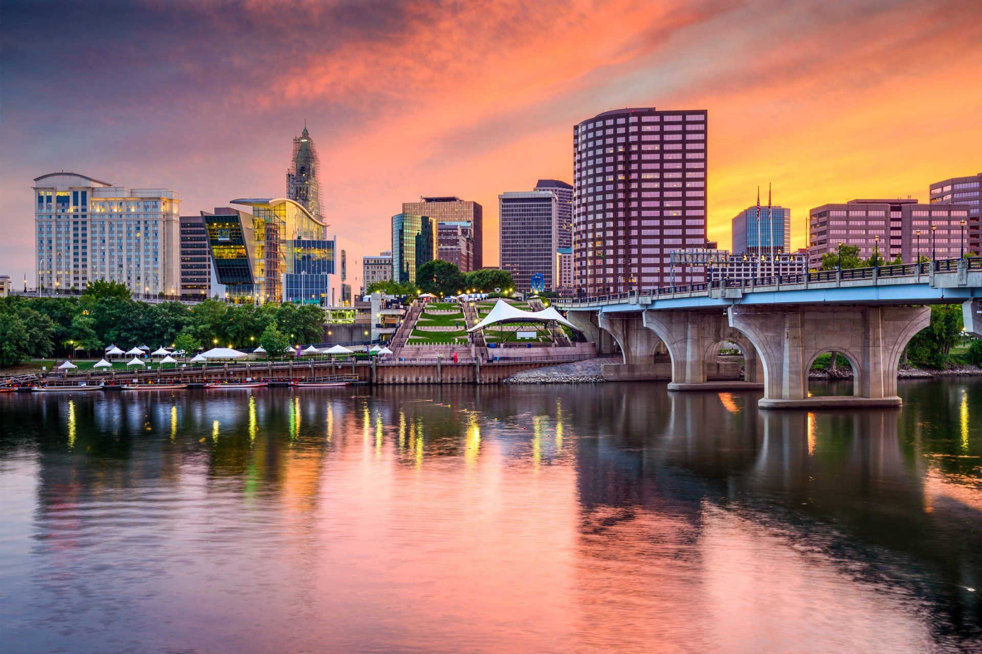 Hartford skyline and Connecticut River at sunset near downtown apartments