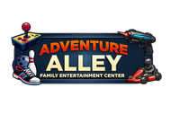 Adventure Alley Family Entertainment Center logo with arcade joystick, racing car, robot, and skateboard graphics