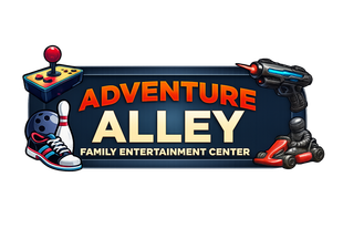 A teal sign with the text that says Adventure Alley
