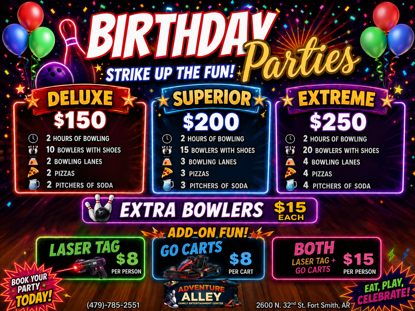 Birthday parties price flyer with deluxe, superior, and extreme packages, plus laser tag and add-on options.