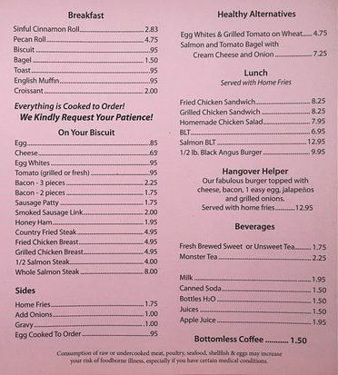 A menu for a restaurant includes breakfast healthy alternatives and beverages