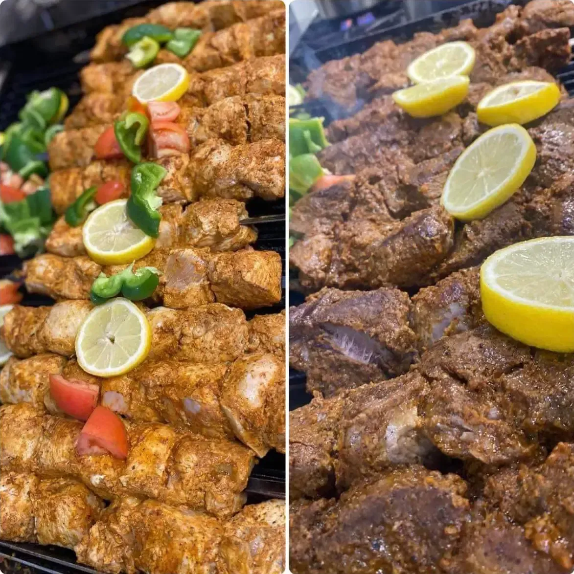 Two pictures of food on a grill with lemon slices on top.
