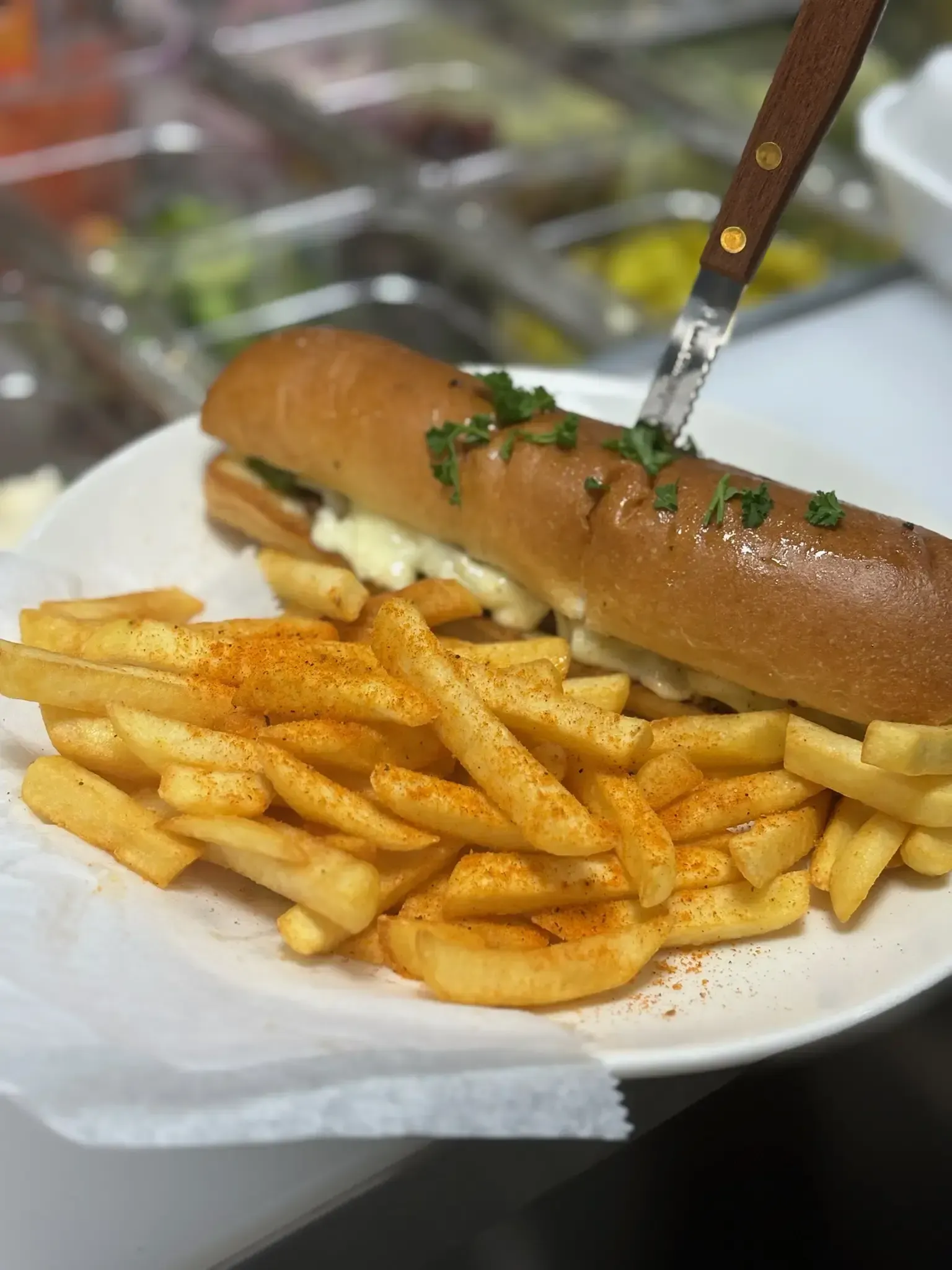 A sub sandwich and french fries on a white plate.