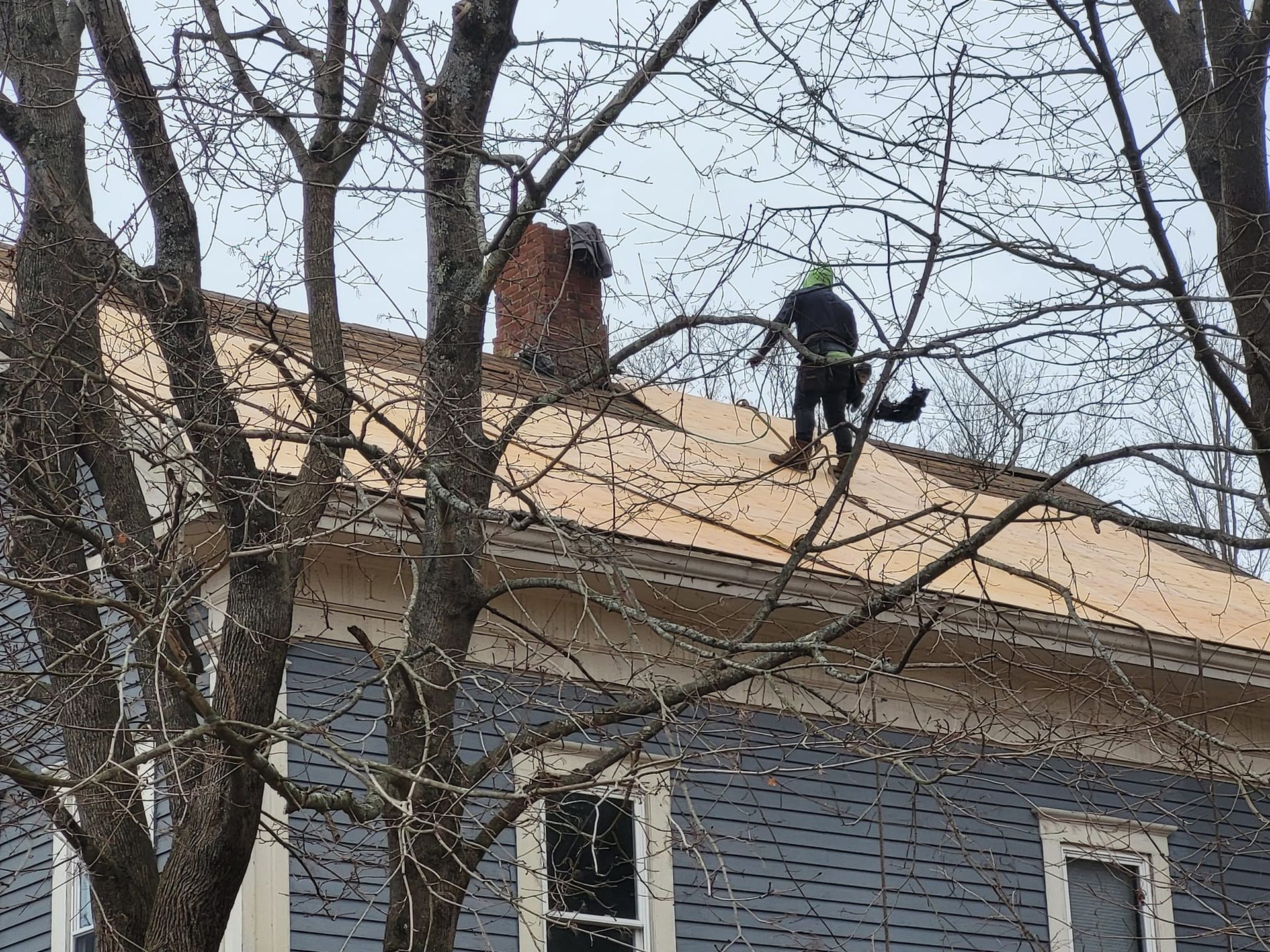 A Man Is Working On The Roof Of A House Surrounded By Trees — Brimfield, MA — RMD Services, Inc. A Man Is Working On The Roof Of A House Surrounded By Trees — Brimfield, MA — RMD Services, Inc.