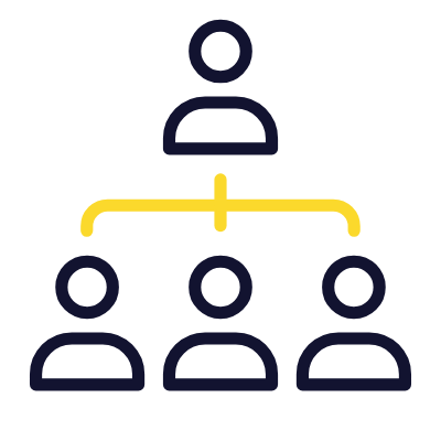 Organizational chart: One person above three people, connected by yellow lines.