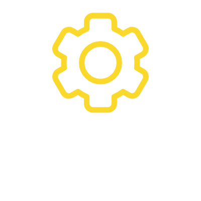 Yellow gear icon, outline on white background.