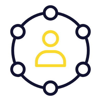 Yellow person icon surrounded by a dark blue circle of connected circles.