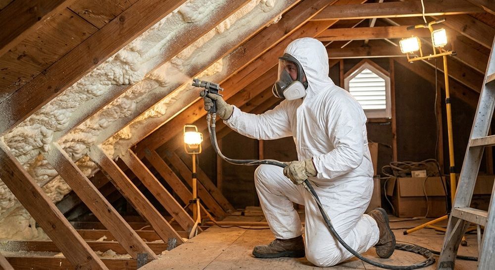 Contractor applying spray foam insulation in a Hewitt residential attic.
