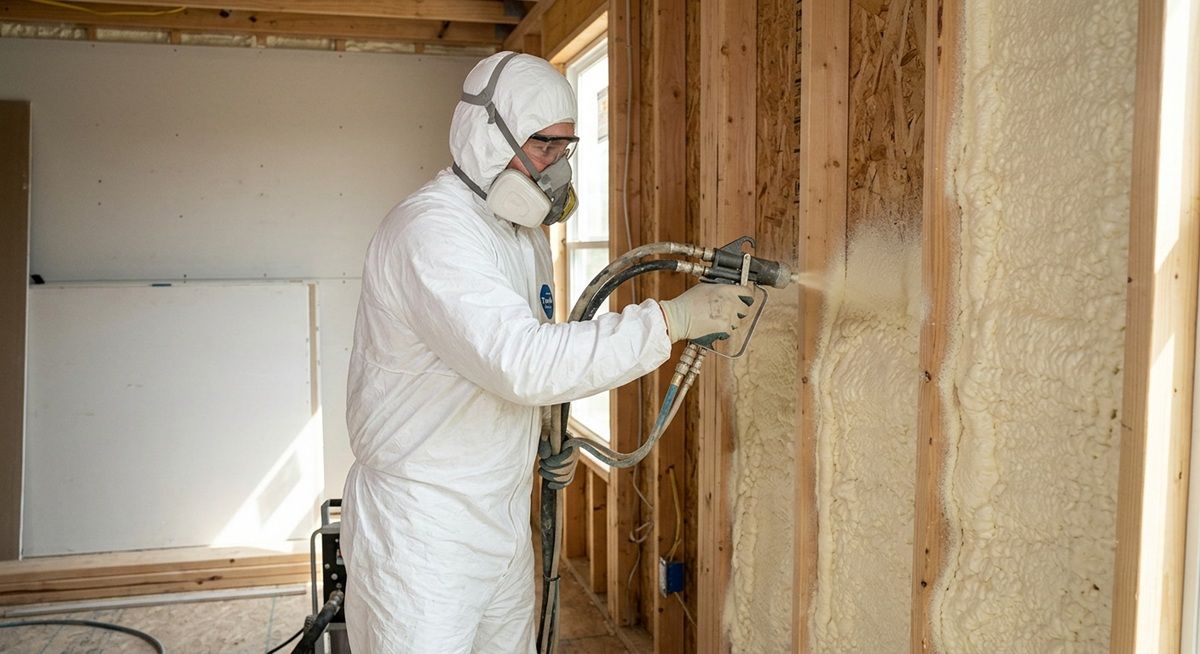 A contractor applying closed cell spray foam insulation in a Waco attic.