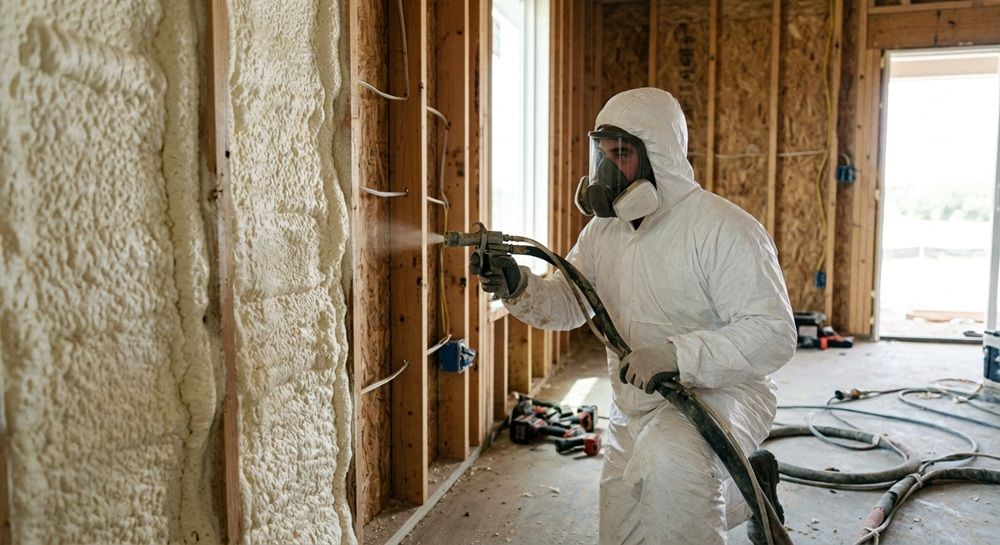 Applying closed cell spray foam insulation to wall studs during a residential project
