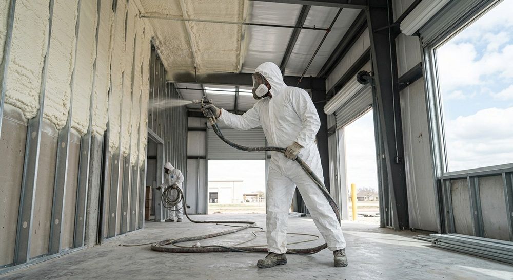 Applying spray foam insulation to a commercial building wall.
