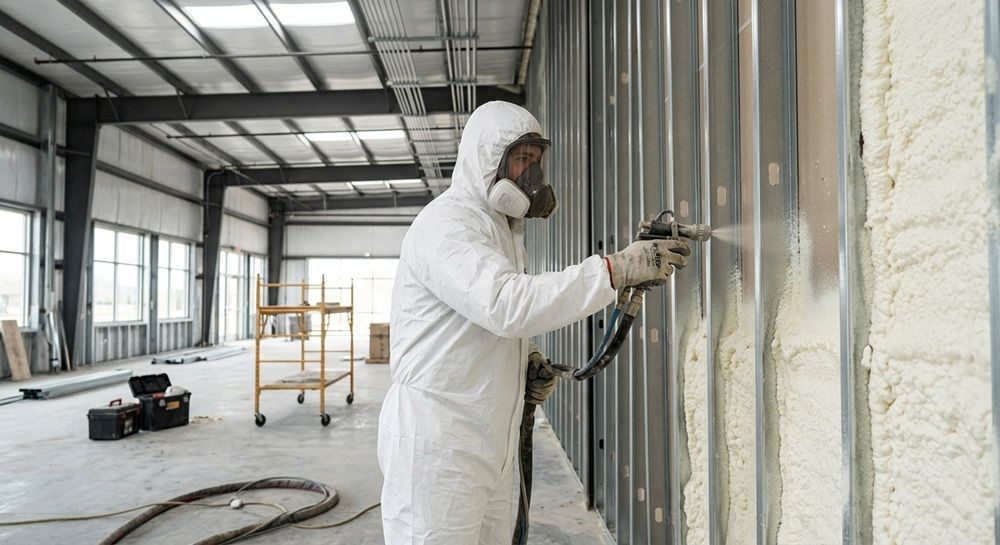 Spraying foam insulation on commercial wall framing in Waco, TX.