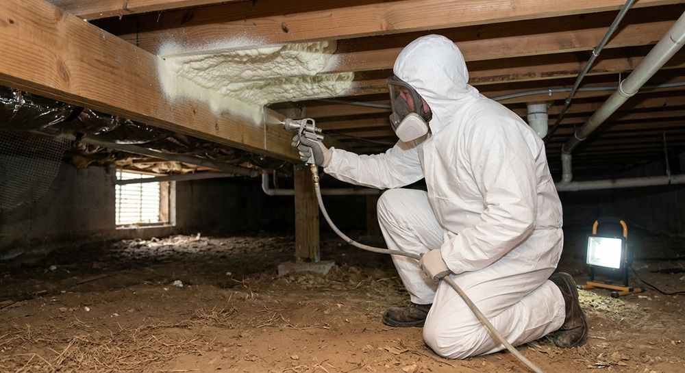 Applying spray foam insulation in a Killeen residential crawl space.