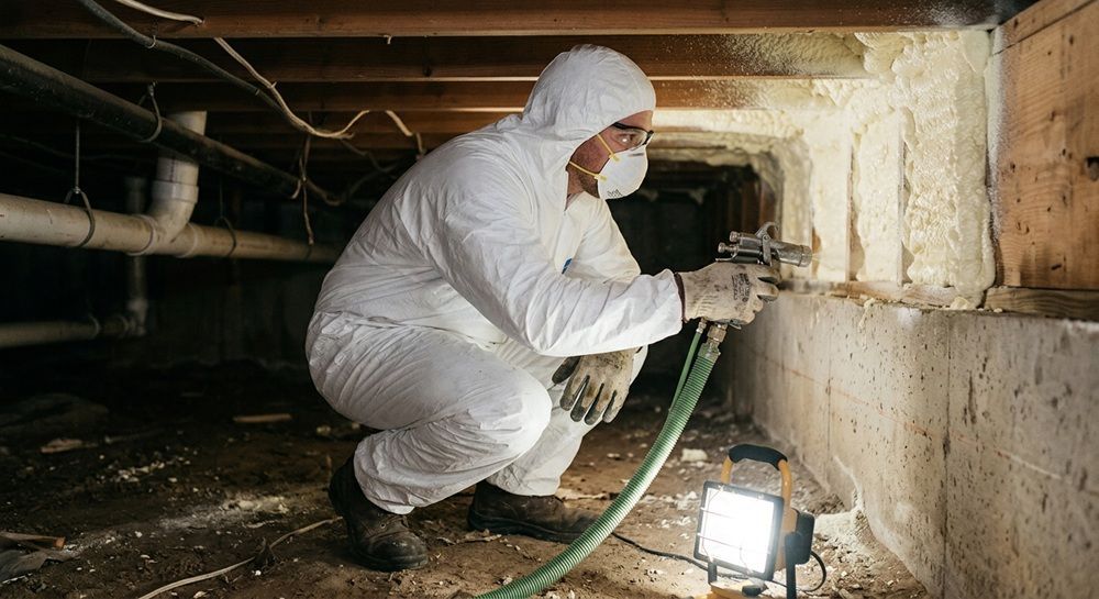 Contractor applying spray foam insulation in a residential crawl space.

