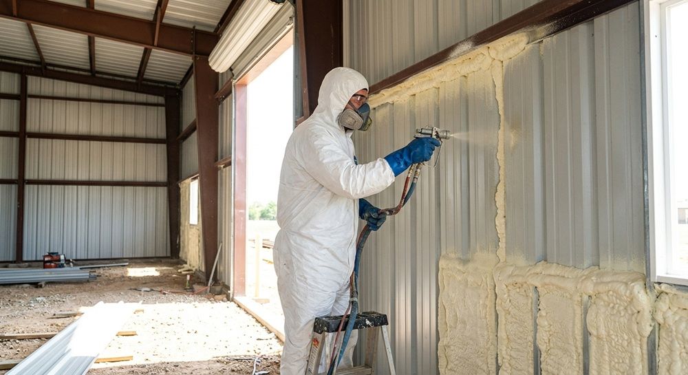 Applying spray foam insulation to the interior walls of a metal building.