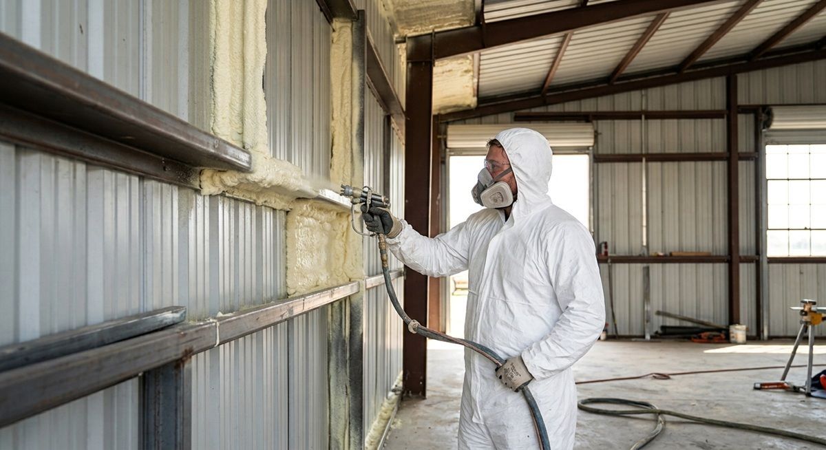 A contractor applying spray foam insulation to the interior walls of a metal building.