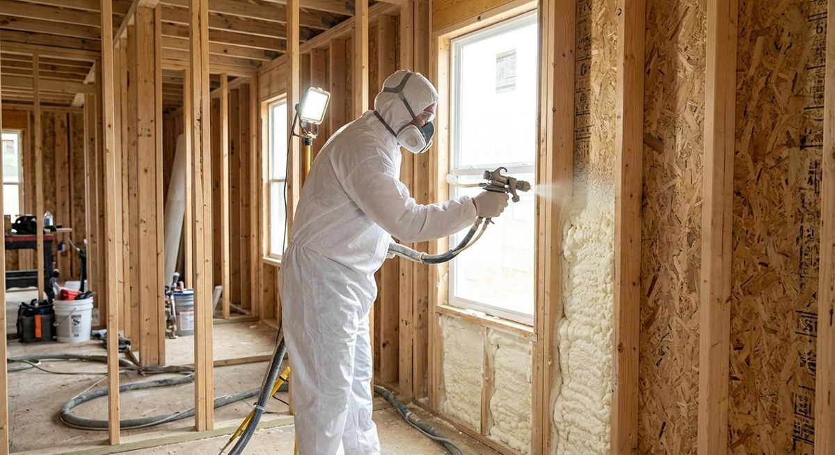Contractor applying open cell spray foam insulation to a residential wall in Waco, TX.
