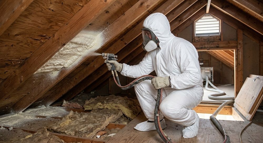 Contractor applying spray foam insulation to a residential attic roof in Temple, TX.
