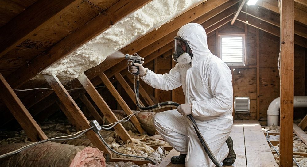 Contractor in protective gear applying spray foam insulation to an attic roof deck in Waco, Texas.