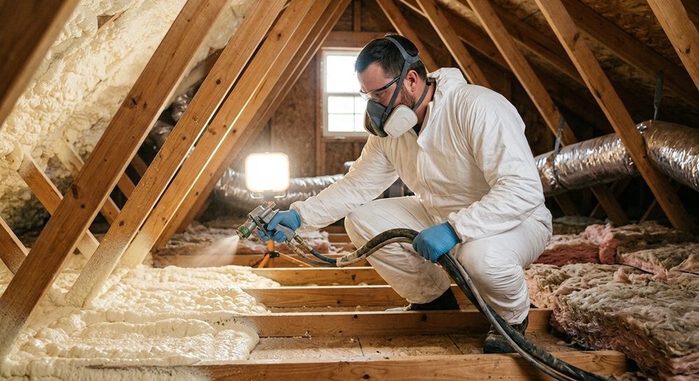 Professional open cell spray foam insulation installation in an attic.
