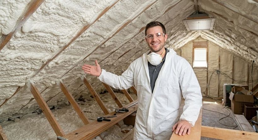 Smiling contractor showing completed attic spray foam insulation in Waco, TX.