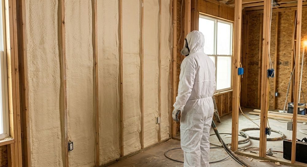 A worker in protective gear next to newly installed spray foam insulation.
