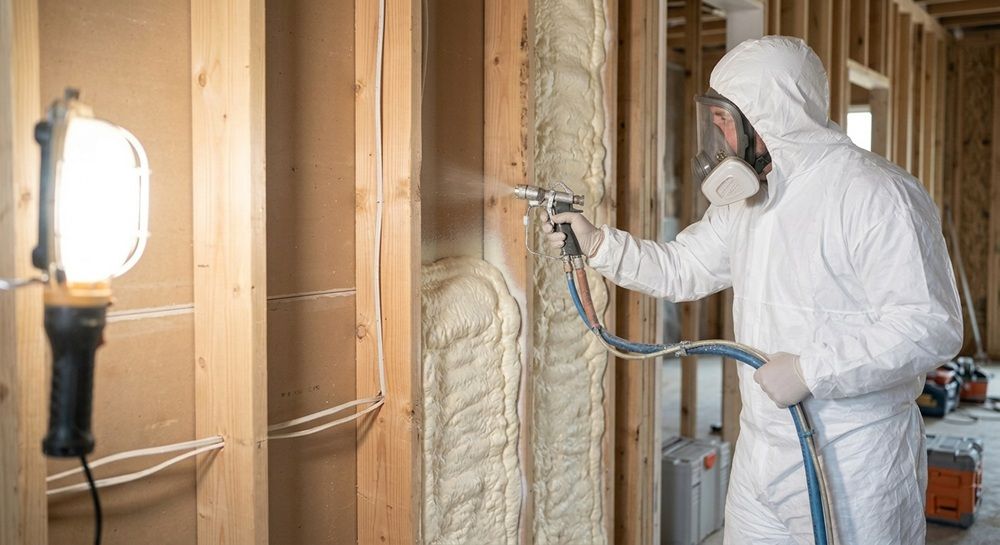 Insulation contractor applying spray foam to an attic in Waco, Texas.