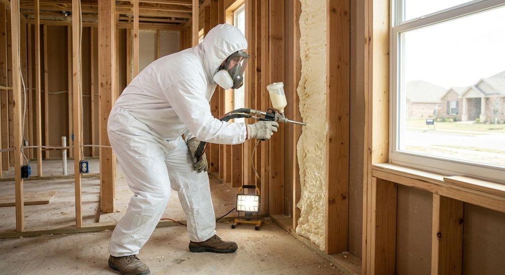 Contractor applying wall cavity spray foam insulation in a Hewitt home.
