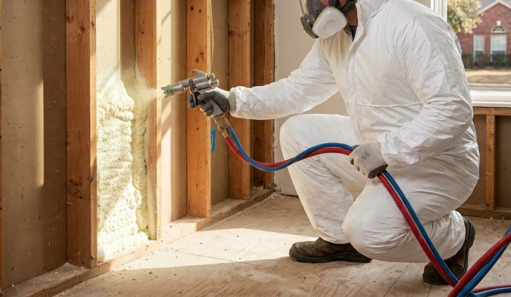 Applying spray foam insulation into a residential wall cavity in Temple, TX.
