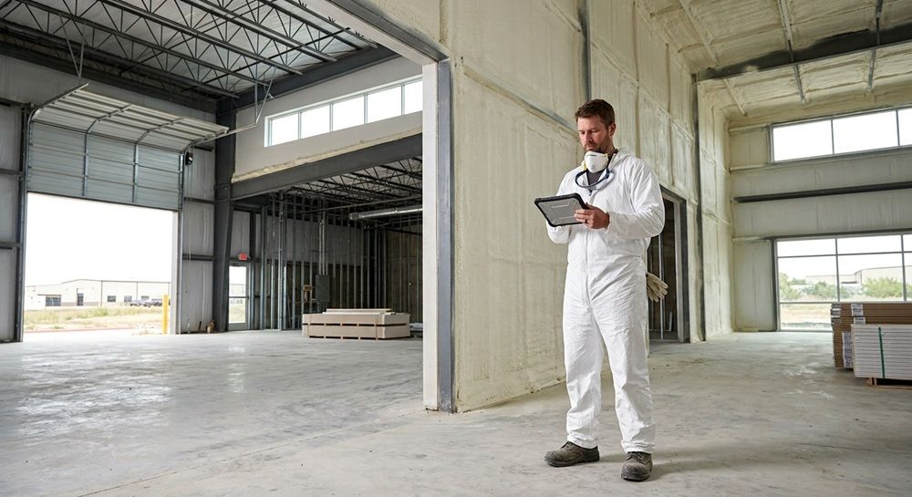 Contractor with a rugged tablet inspecting warehouse spray foam insulation.
