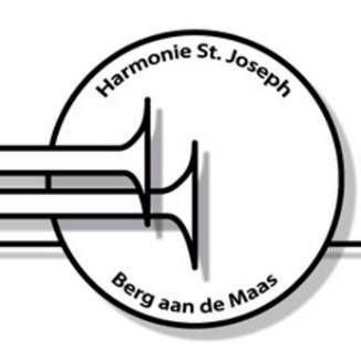 Logo voor Harmonie St. Josephband, Berg aan de Maas. Cirkel met gestileerd trombonesilhouet.