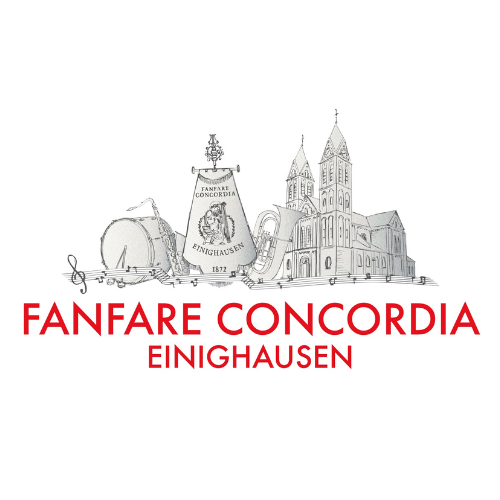 Logo: Fanfare Concordia Einighausen, met muziekinstrumenten en een kerkcontour.