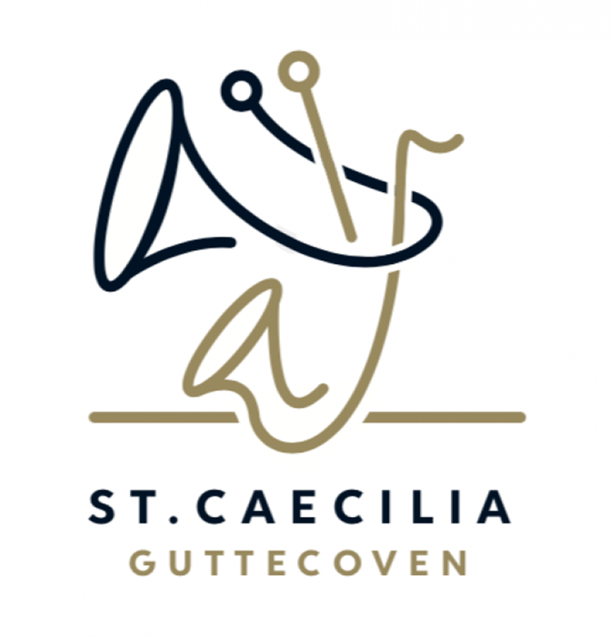 Logo voor de muziekkapel St. Caecilia Guttehoven met muziekinstrumenten in blauw en goud op een witte achtergrond.