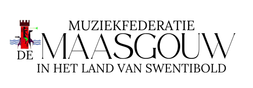 Logo for Muziekfederatie Maasgouw, with a red tower symbol.