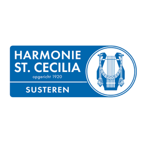 Logo voor Harmonie St. Cecilia Susteren, blauw met lierillustratie.
