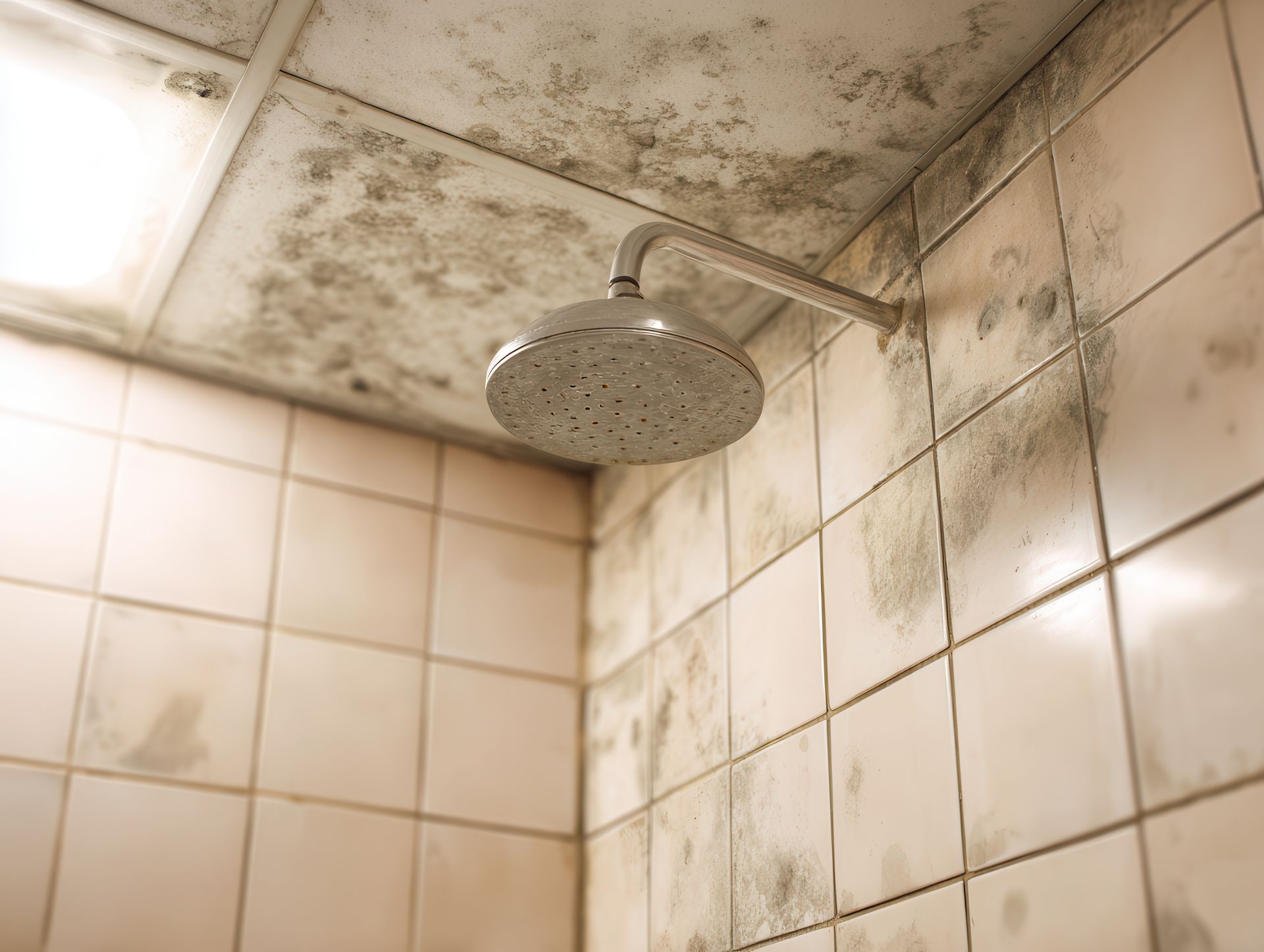 A shower head inside a stall with significant dark mold and water damage spreading across the tiles and ceiling. A shower head inside a stall with significant dark mold and water damage spreading across the tiles and ceiling.