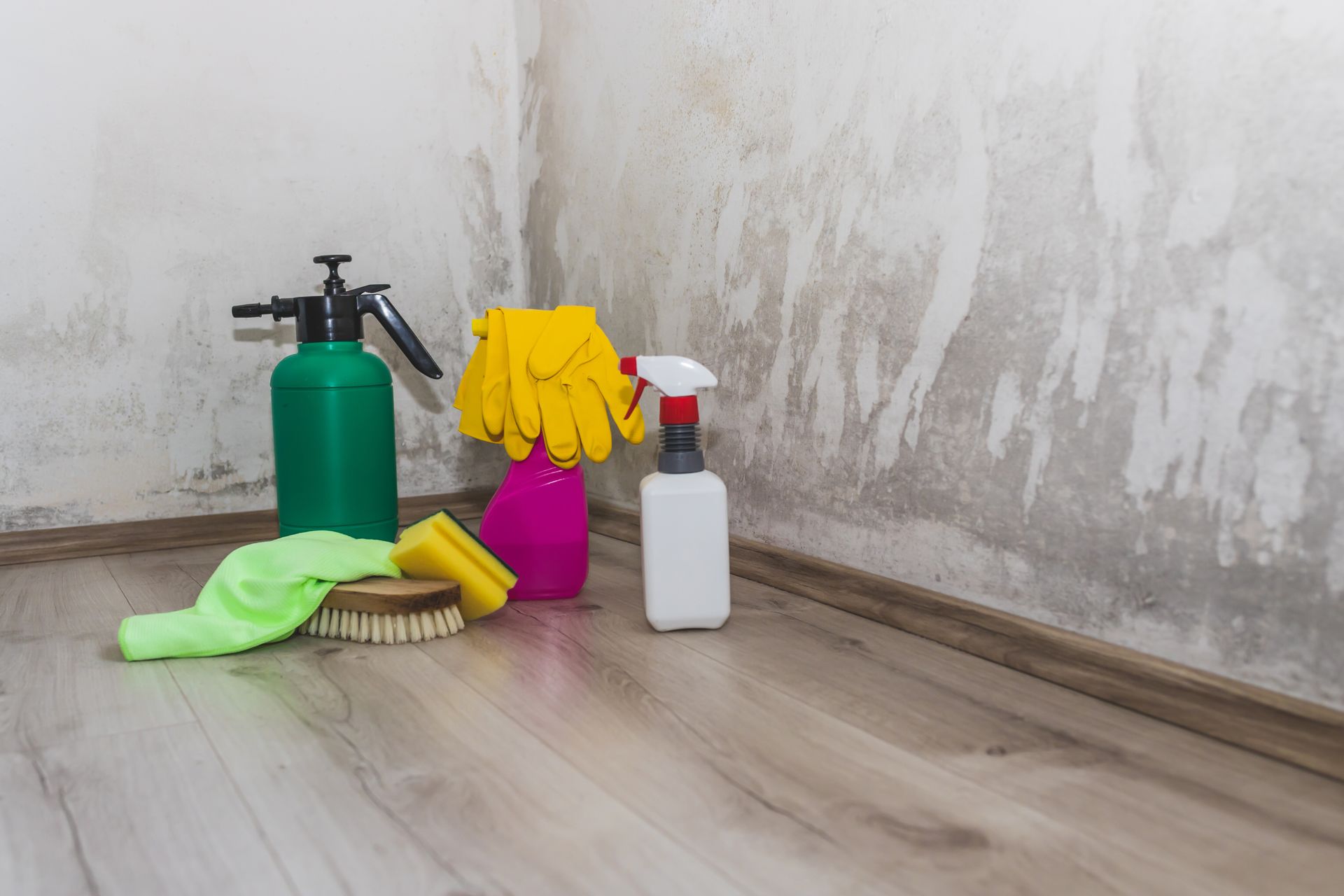 Cleaning supplies including spray bottles, a brush, and yellow gloves placed on a wood floor against a stained wall.