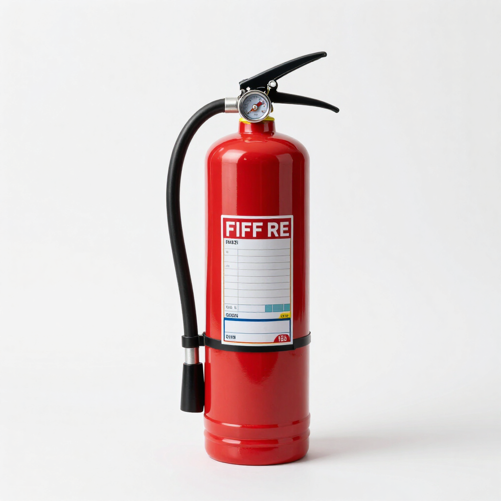 Extintor de incendios rojo con manguera y asa negras sobre un fondo blanco