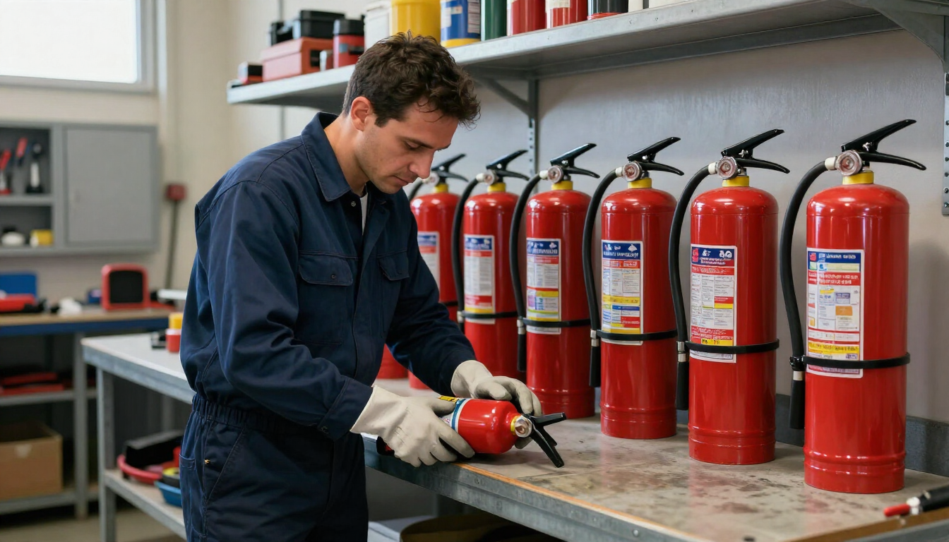 Técnico en taller con extintores rojos