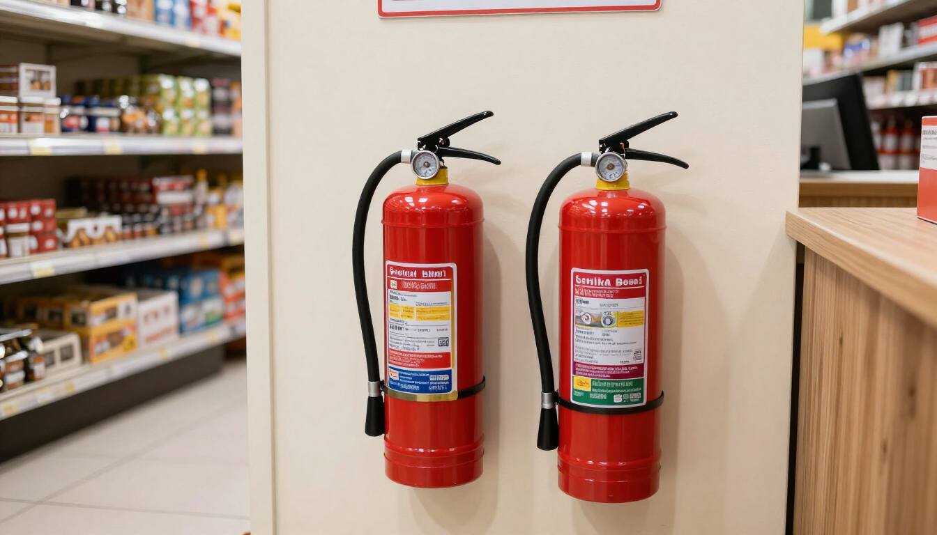 Extintores en la pared de un comercio