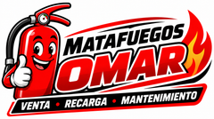 Logo de Matafuegos Omar con un bombero sonriente de color rojo y el texto «Venta, recarga y mantenimiento».