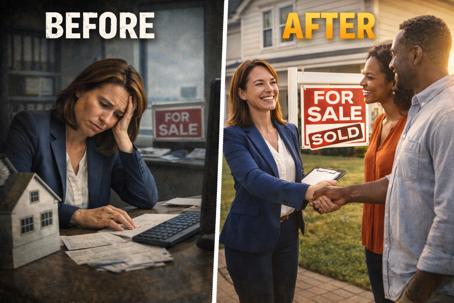 Real estate agent stressed before, then shaking hands after selling a house.