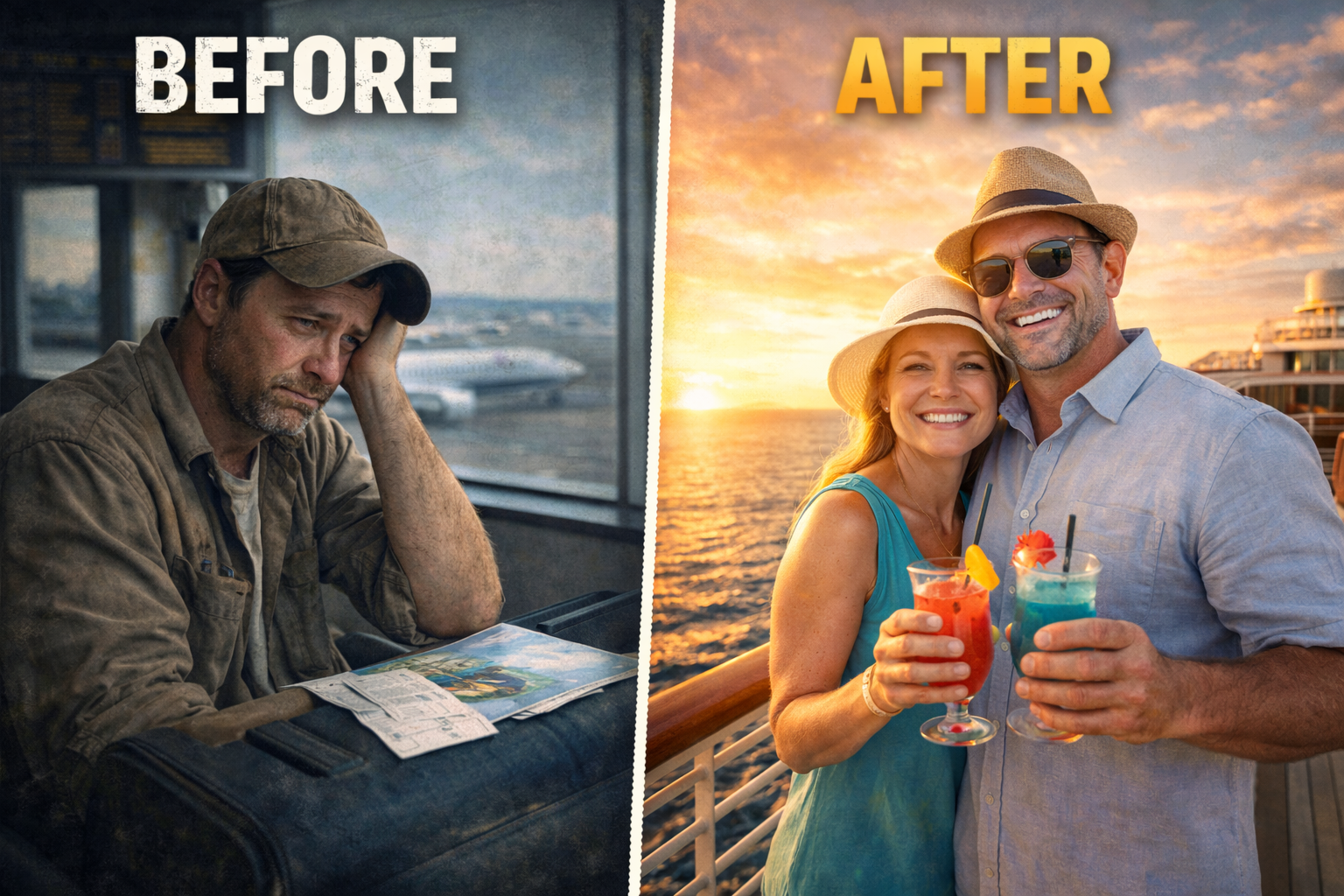 Man at airport, looking sad, transforms to happy couple on cruise with cocktails.