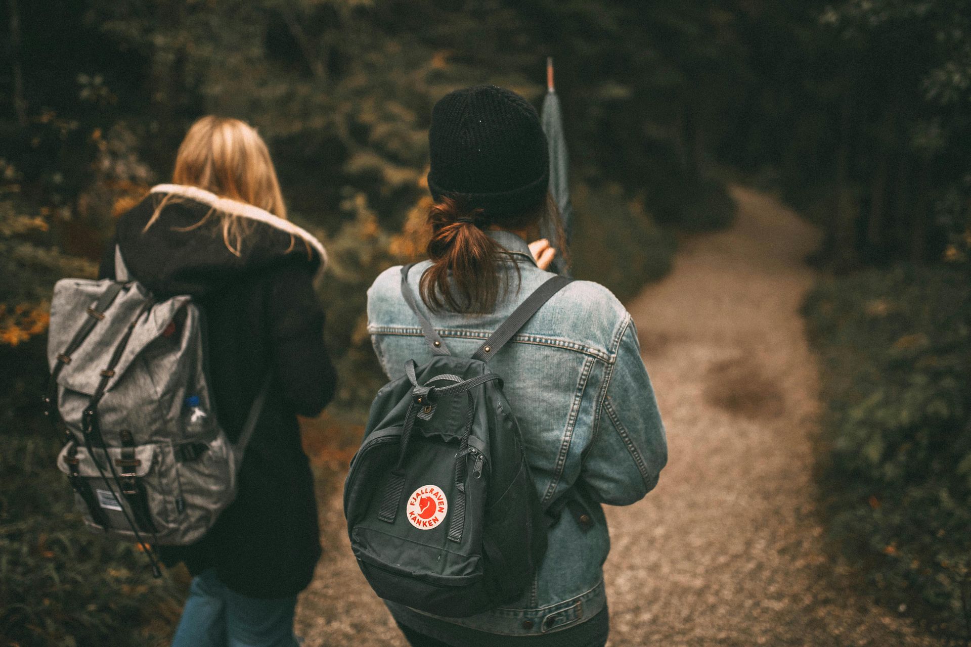 Two people with backpacks walking on a path in a forest.