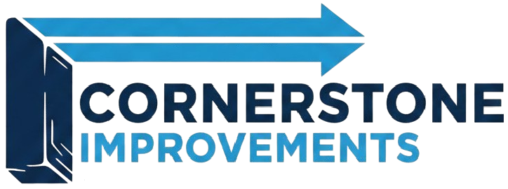 Cornerstone Improvements logo. Blue and dark blue design with text and an arrow.