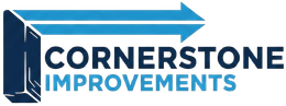 Cornerstone Improvements logo. Blue and dark blue design with text and an arrow.