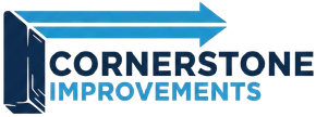 Cornerstone Improvements logo. Blue and dark blue design with text and an arrow.