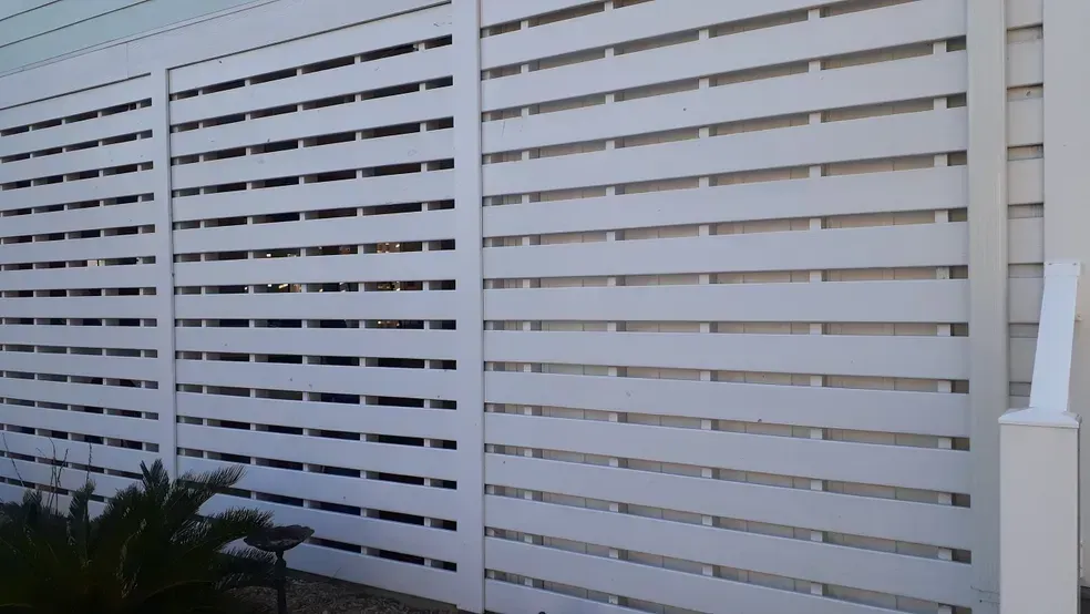 White slatted privacy fence. Lush green plant in front. Sunny outdoor setting.