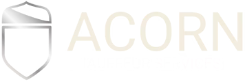 Gray shield logo with the word “ACORN” in light beige text on a white background